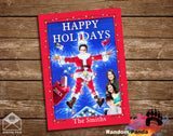 Happy Holidays card with Santa Claus and family on a wooden background