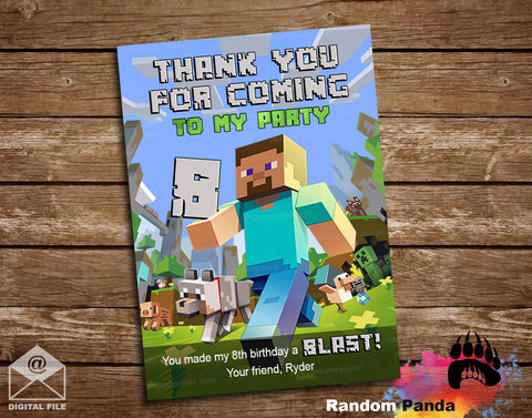 Minecraft Birthday Party Thank You Card