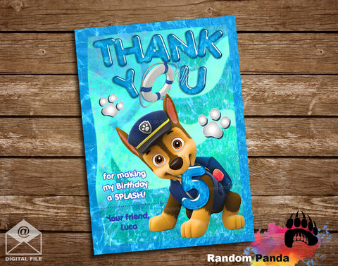 Paw Patrol Chase Pool Party Thank You Card