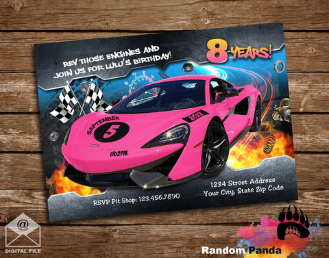 Hot Pink Racecar Birthday Party Invitation