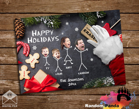 Funny Christmas Card, Santa Erasing Stickman Family on Chalkboard