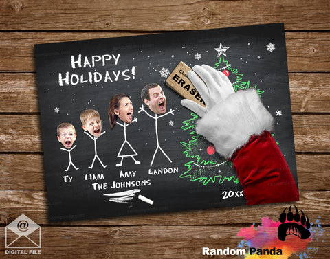 Funny Christmas Card, Santa Erasing Stick Family on Chalkboard