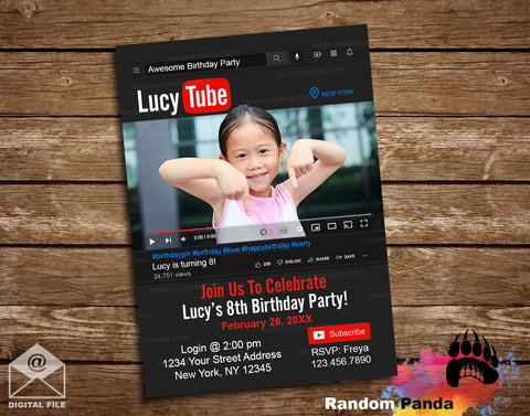 Fun Youtube Birthday Invite, Youtuber Party Invitation