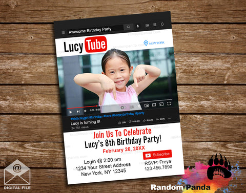 Fun Youtuber Birthday Invite, Youtube Party Invitation